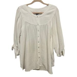 Talbots Textured Gauzy Cotton Top Womens 2X White 3/4 Tie Sleeves Beachy Boho